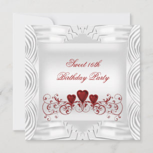 Elegantes Weiß Rote Herzen Sweet 16 Einladung