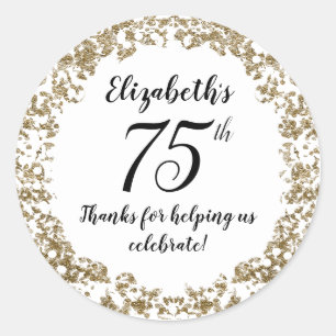Elegantes Weiß Schwarz und Gold 75. Geburtstag Runder Aufkleber