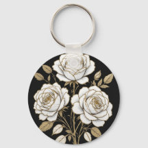Elegantes Weiß- und Gold-Blumenrosen-Schlüsselanhä