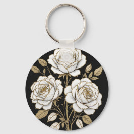 Elegantes Weiß- und Gold-Blumenrosen-Schlüsselanhä Schlüsselanhänger