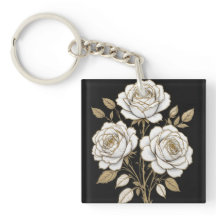 Elegantes Weiß- und Gold-Blumenrosen-Schlüsselanhä