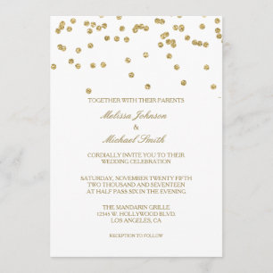 Elegantes Weiß und Gold Polka-dots Confetti Hochze Einladung