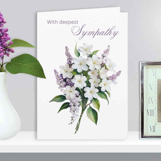 Elegantes Weiß und Lilac Blume Tiefes Beileid Karte (An elegant floral sympathy card in a traditional style, with picture of a simple bouquet)