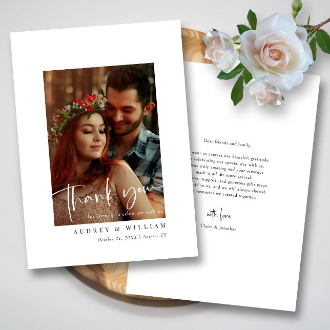 Elegantes Weiß- und Schwarz-Signatur-Foto Dankeskarte (Elegant White & Black Signature Photo Wedding Thank You Card )