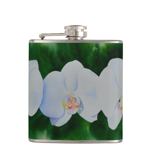 Elegantes, weißes Aquarell-Orchideenbild Flachmann (Vorderseite)
