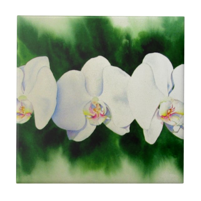 Elegantes, weißes Aquarell-Orchideenbild Fliese (Vorderseite)