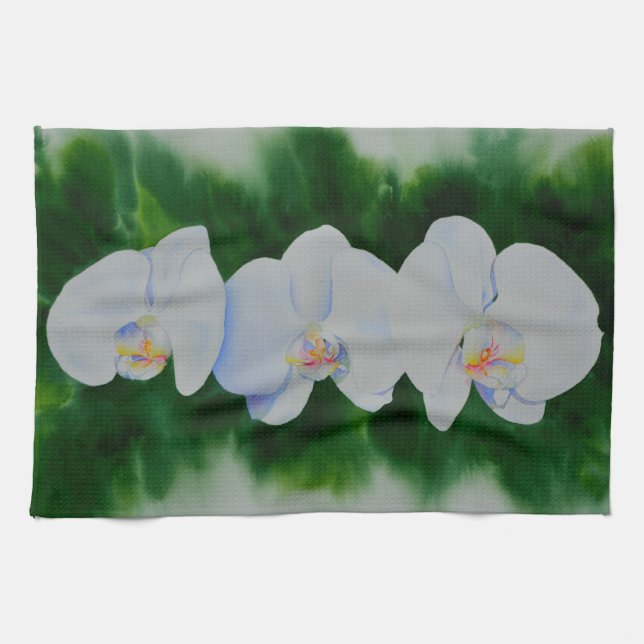Elegantes, weißes Aquarell-Orchideenbild Geschirrtuch (Horizontal)