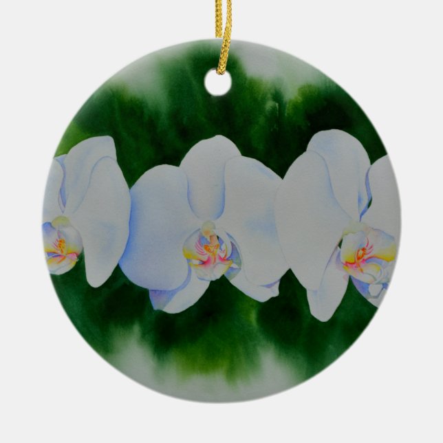 Elegantes, weißes Aquarell-Orchideenbild Keramikornament (Vorne)