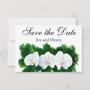 Elegantes, weißes Aquarell-Orchideenbild Save The Date
