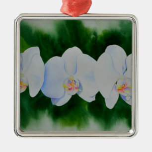 Elegantes, weißes Aquarell-Orchideenbild Silbernes Ornament