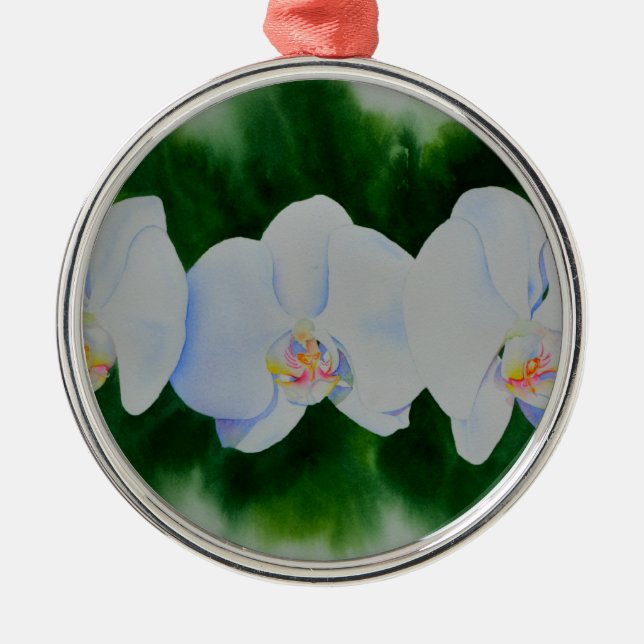 Elegantes, weißes Aquarell-Orchideenbild Silbernes Ornament (Vorne)