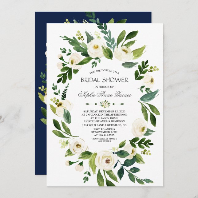 Elegantes weißes blaues Brautparty Einladung (Vorne/Hinten)