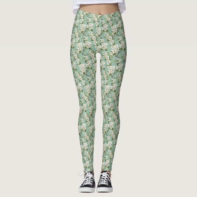 Elegantes, weißes Blossom-Muster auf Pastel Sage G Leggings (Vorderseite)