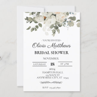 Elegantes Weißes Blume und Eukalyptus-Brautparty Einladung