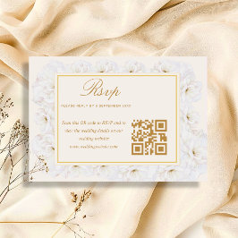 Elegantes Weißes Blumen Ivory Gold QR RSVP Karte