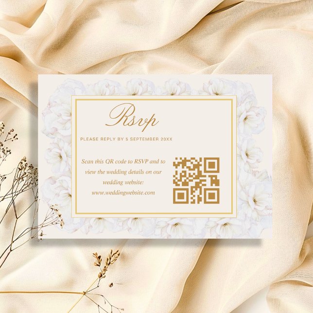 Elegantes Weißes Blumen Ivory Gold QR RSVP Karte (Von Creator hochgeladen)
