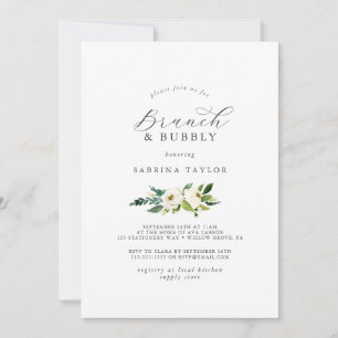 Elegantes Weißes Blumenbrunch & Bubbly Brautparty Einladung