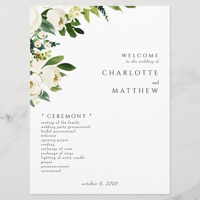 Elegantes weißes Blumenhochzeitsprogramm III Programm (Vorderseite)