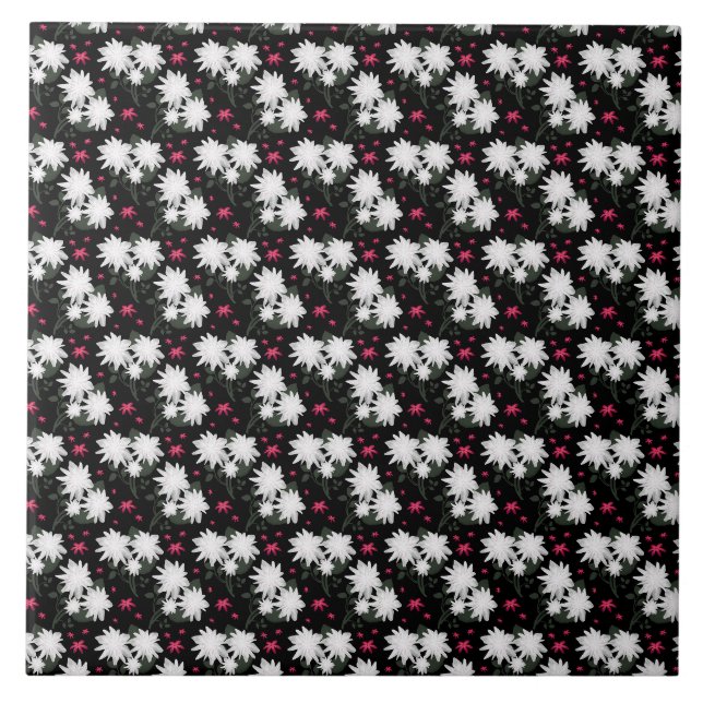 Elegantes weißes Blumenmuster auf schwarzem Hinter Fliese (Vorderseite)