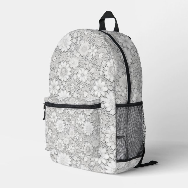 Elegantes weißes Blumenmuster Bedruckter Rucksack (Rückseitige Ecke Rechts)