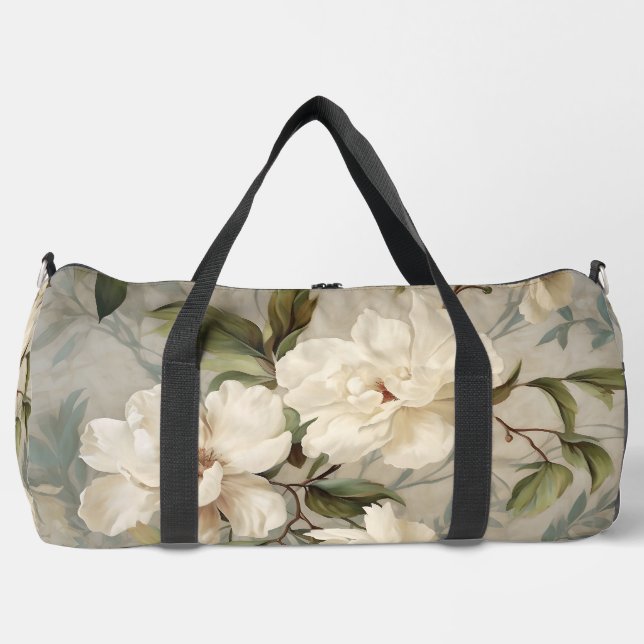 Elegantes, weißes Blumenmuster Duffle Bag (Vorderseite)