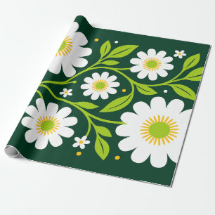 Elegantes weißes Blumenmuster mit grünen Blättern Geschenkpapier
