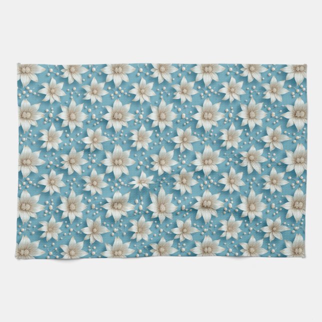 Elegantes weißes Blumenmuster mit Perlen Geschirrtuch (Horizontal)