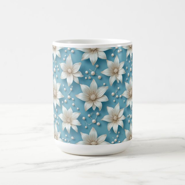 Elegantes weißes Blumenmuster mit Perlen Kaffeetasse (Mittel)
