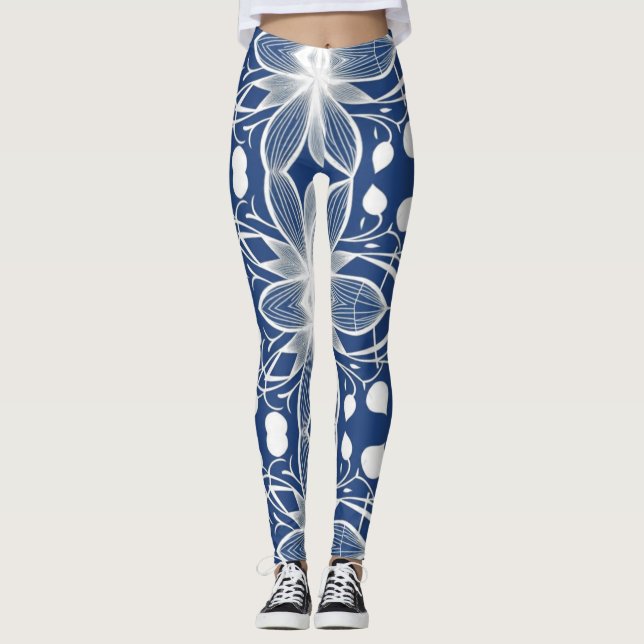 Elegantes, weißes Blumenmuster-Muster auf Deep Blu Leggings (Vorderseite)