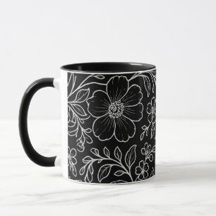 Elegantes weißes Blumenmuster Schwarz Tasse