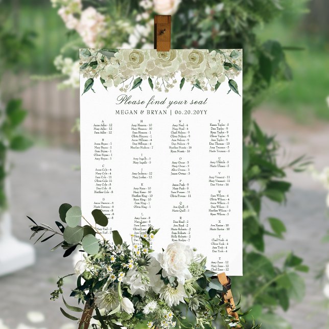 Elegantes weißes, florales, einfaches Hochzeitsdia Poster (Elegant, simple wedding seating plan, perfect for spring or summer.)