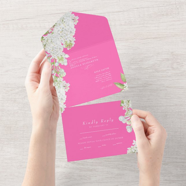Elegantes weißes, florales Hot-Pink-Hochzeit in ei All In One Einladung (Abreißen)