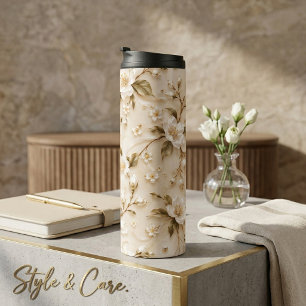 Elegantes weißes florales Oliven-Gold-Botanikmuste Thermosbecher