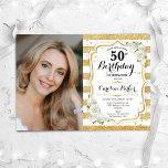 Elegantes Weißes Foto 50. Geburtstag Einladung<br><div class="desc">Elegante florale feminine 50. Geburtstagseinladung mit Ihrem Foto. Glam weißes Design mit Imitaten Glitzer Gold. Features Streifen,  weiße Rosen,  Skript-Schriftart und Konfetti. Ideal für ein stilvolles Party für Erwachsene. Personalisieren Sie Ihre persönlichen Daten. Kann für jedes Alter angepasst werden! Gedruckte Zazzle Einladungen oder Sofortdownload digitalen druckbaren Vorlage.</div>