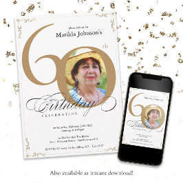 Elegantes Weißes Foto 60. Geburtstag Einladung
