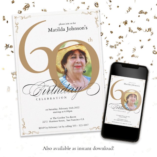 Elegantes Weißes Foto 60. Geburtstag Einladung (Elegant Gold White Calligraphy Photo 60th Birthday Invitation)