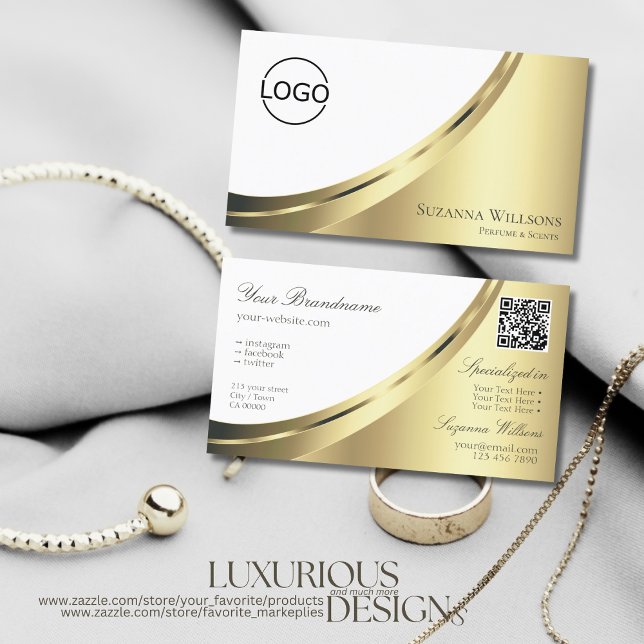 Elegantes weißes Gold-Dekor mit Logo und QR-Code Visitenkarte (Von Creator hochgeladen)
