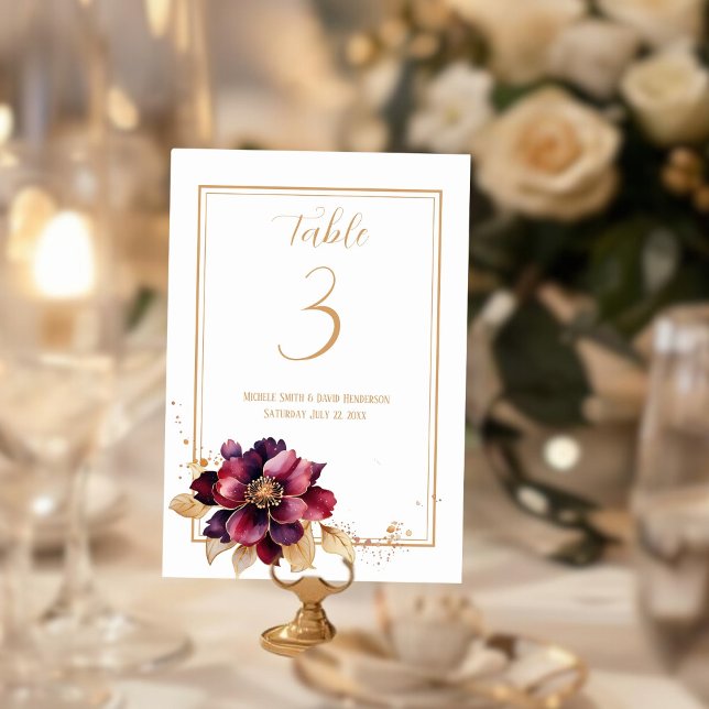 Elegantes weißes goldenes Bordeaux, doppelseitig Tischnummer (Elegant white gold burgundy double sided table number)