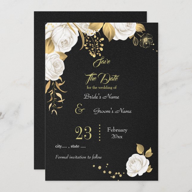elegantes weißes goldfarbenes Schwarz Save The Date (Vorne/Hinten)
