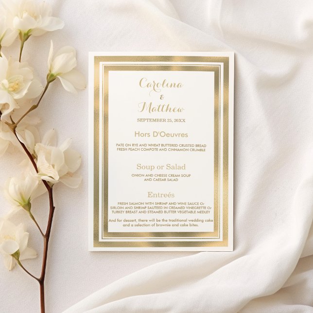Elegantes, weißes Goldrahmen-Menü für Hochzeiten Menükarte (Elegant stylish white gold frame Wedding Menu)