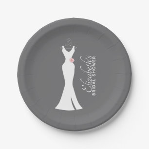 Elegantes weißes Kleid auf Grau - Brautparty Pappteller
