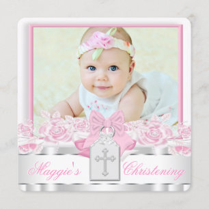 Elegantes Weißes Kreuz Rosa Foto Christening Einladung