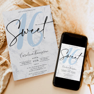 Elegantes weißes Marmorskript blaues Foto Sweet 16 Einladung