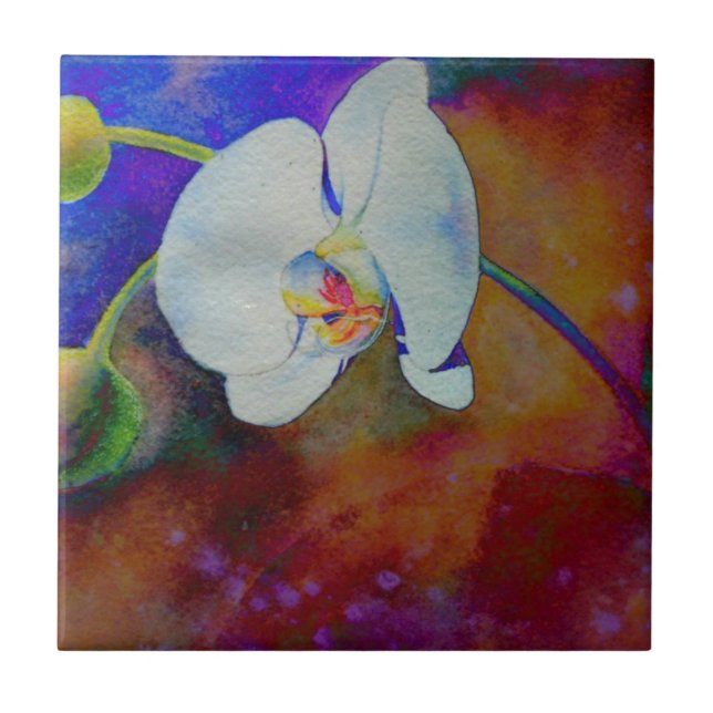 Elegantes weißes Orchid-Aquarellbild Fliese (Vorderseite)