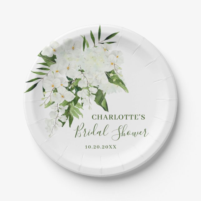 Elegantes weißes Orchid Bohemisches florales Braut Pappteller (Vorderseite)