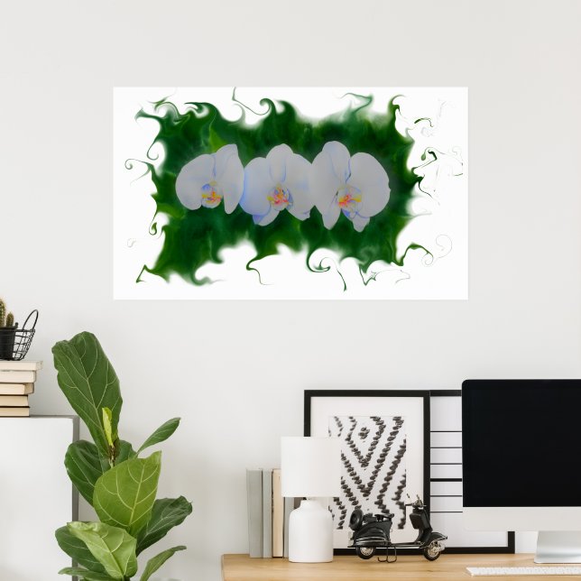 Elegantes weißes Orchid-Gemälde tropisch-blumenrei Poster (Heimbüro)