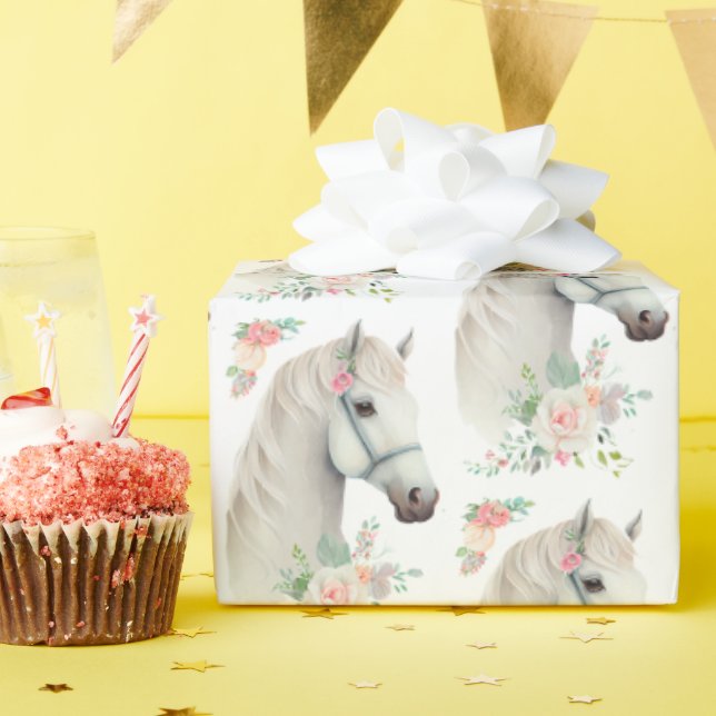 Elegantes weißes Pferd Boho Blumenmuster Geschenkpapier (Geburtstagsparty)