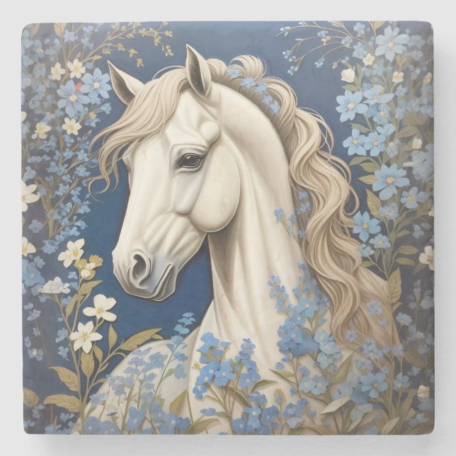 Elegantes weißes Pony und vergiss-Me-Nots Steinuntersetzer (Vorderseite)