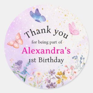 Elegantes weißes Rosa und lila Schmetterling Runder Aufkleber