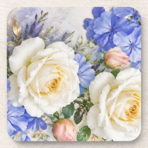 Elegantes weißes Rosen- und blaues Blumen-Mauspad  Getränkeuntersetzer